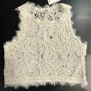 Sans Souci White lace Embellished Crop Tank Top